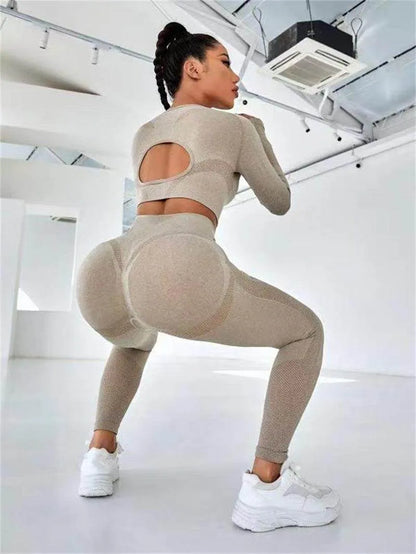 2pcs Sports Suits Long Sleeve Hollow Design Tops And Butt Lifting High Waist Seamless Fitness Leggings - Anam Online