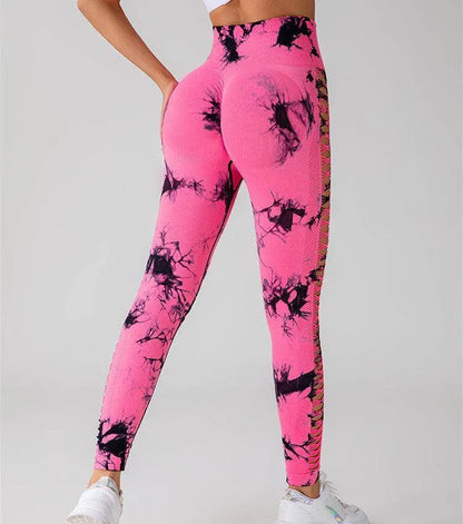 Hollow Tie Dye Printed Yoga Pants High Waist Butt Lift Seamless Sports Gym Fitness Leggings Slim Pants For Women Tight Trousers - Anam Online