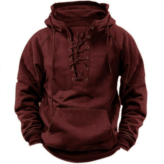 Maroon hoodie with lace-up front on a white background