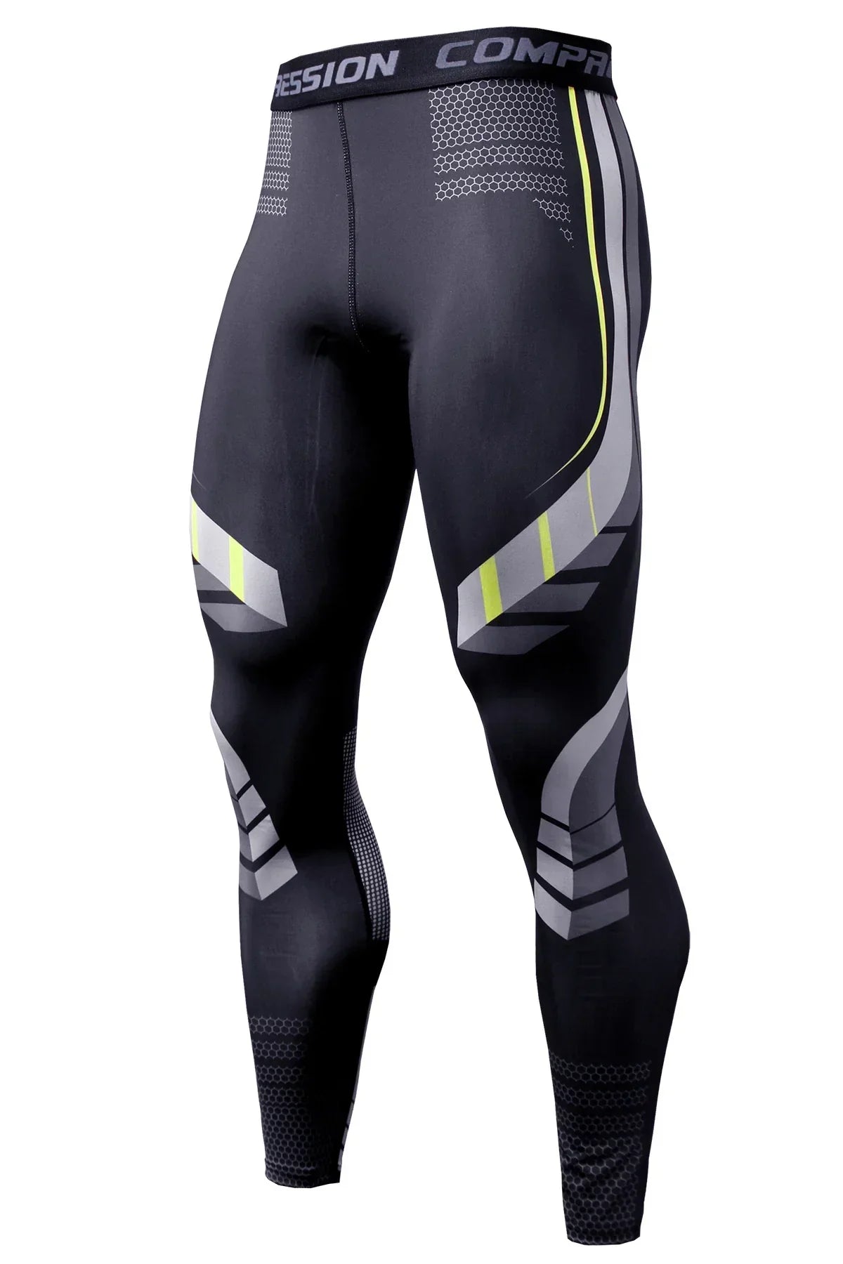 Black compression leggings with gray and yellow accents on a white background