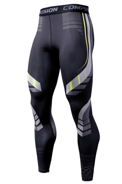Black compression leggings with gray and yellow accents on a white background