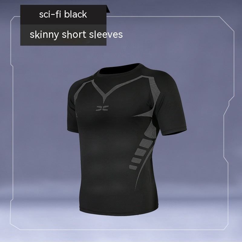 Black sci-fi styled t-shirt with short sleeves on a gray background
