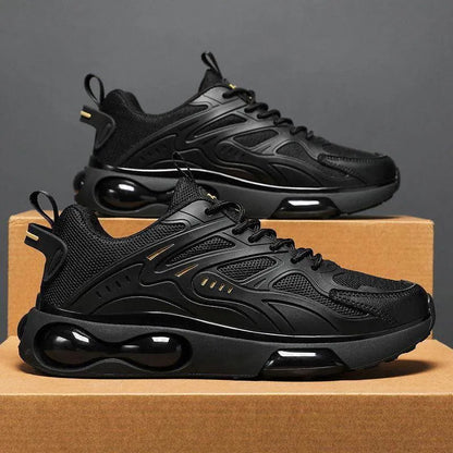 Black sneakers on a brown box with a gray background