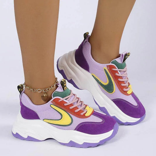 Mixed-Colour Lace-up Sneakers For Women Fashion Casual Lightweight Thick Bottom Running Sports Shoes - Anam Online
