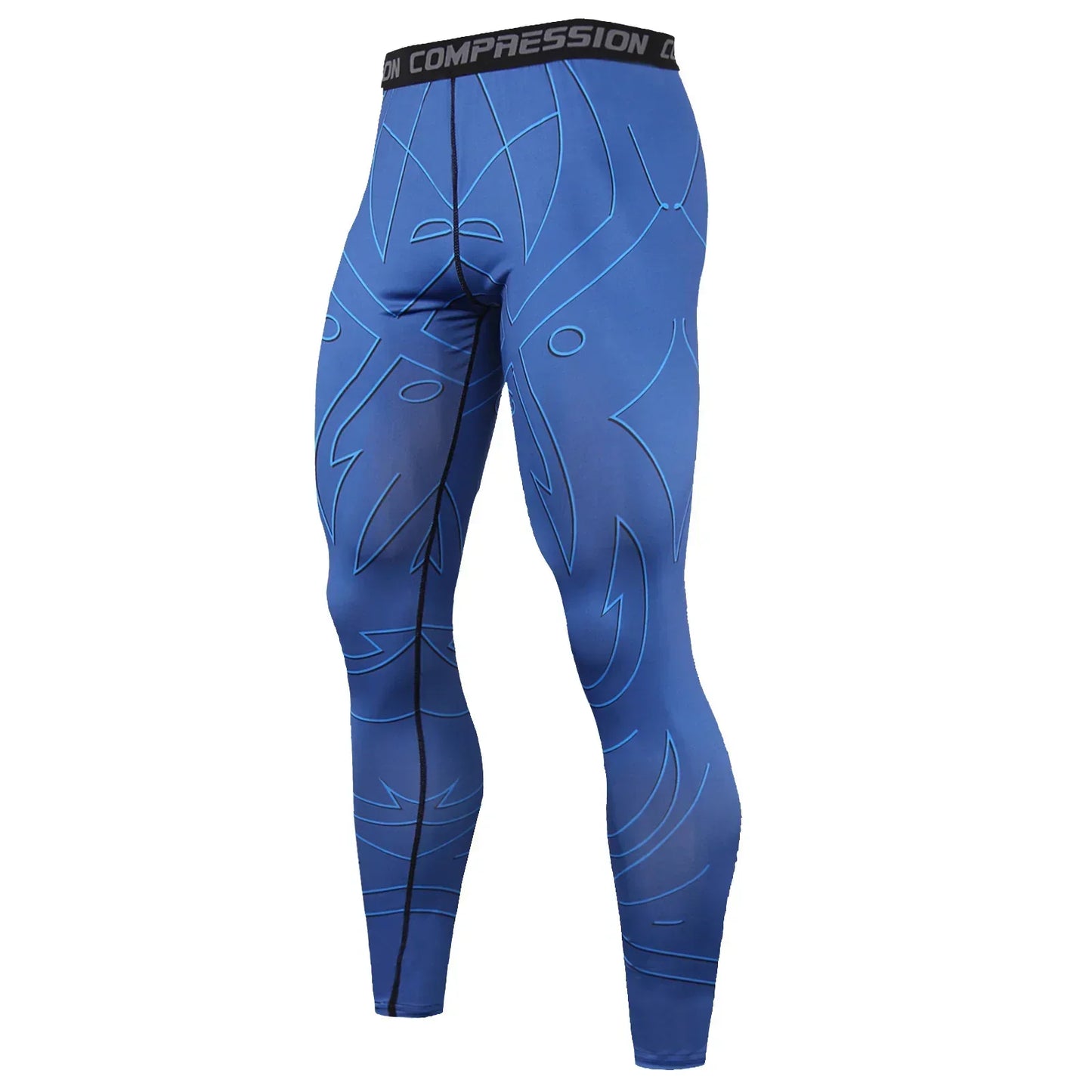 Blue compression leggings with black pattern on a white background
