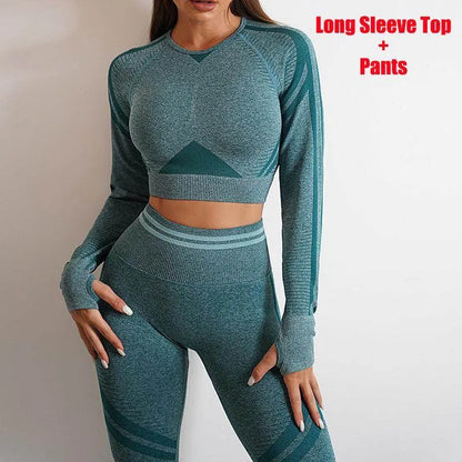 Seamless Yoga Pants Sports Gym Fitness Leggings Or Long Sleeve Tops Outfits Butt Lifting Slim Workout Sportswear Clothing - Anam Online