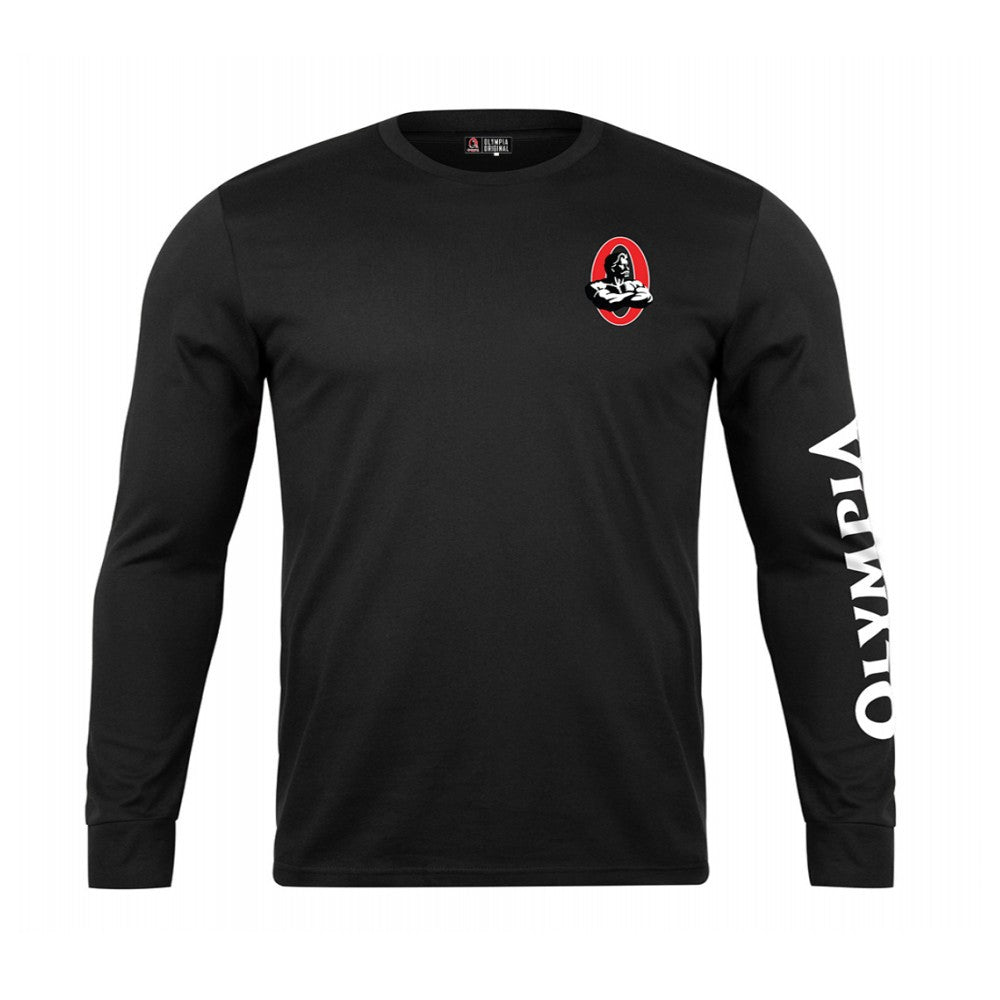 Black long-sleeve shirt with a logo on the chest and 'Olymipic' text on the sleeve against a white background