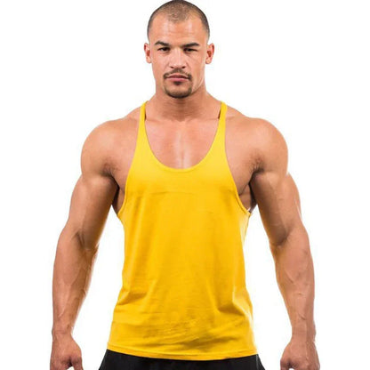 Man wearing a yellow tank top on a white background
