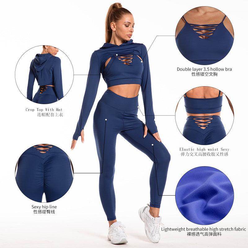 3pcs Sports Suits Long Sleeve Hooded Top Hollow Design Camisole And Butt Lifting High Waist - Anam Online