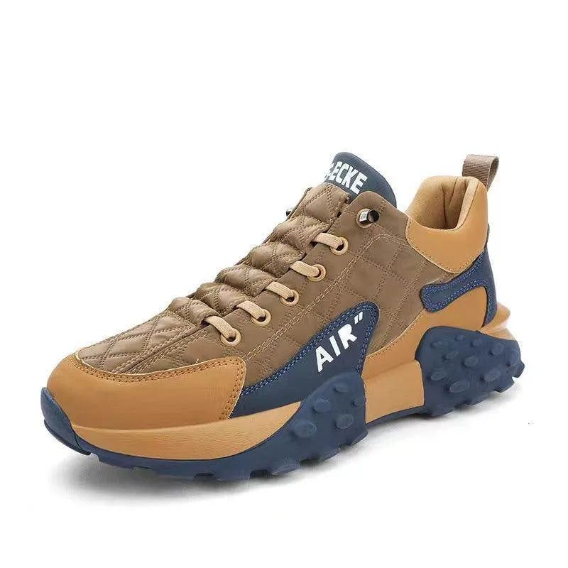 Brown and blue sneaker with 'Air' branding on a white background