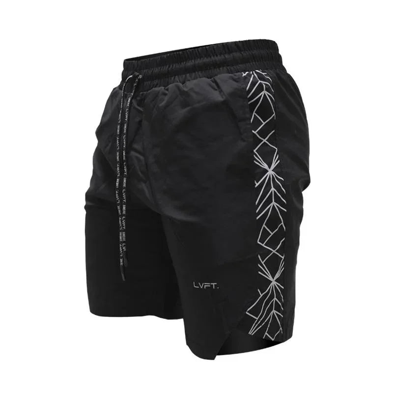 Black shorts with geometric design on a white background