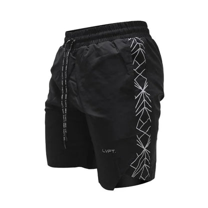 Black shorts with geometric design on a white background