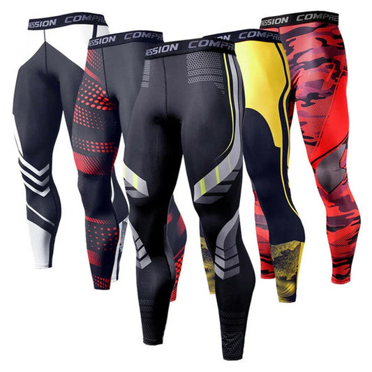 Compression leggings with various patterns and colors on a white background