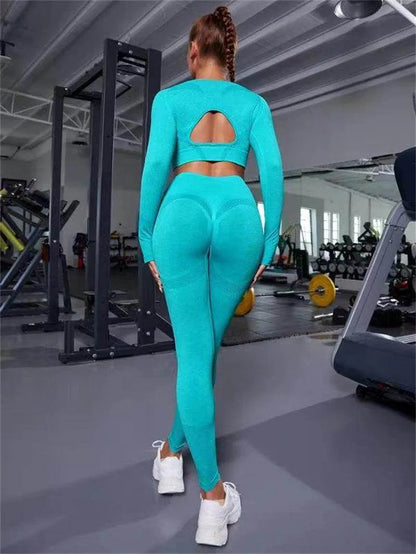 2pcs Sports Suits Long Sleeve Hollow Design Tops And Butt Lifting High Waist Seamless Fitness Leggings - Anam Online